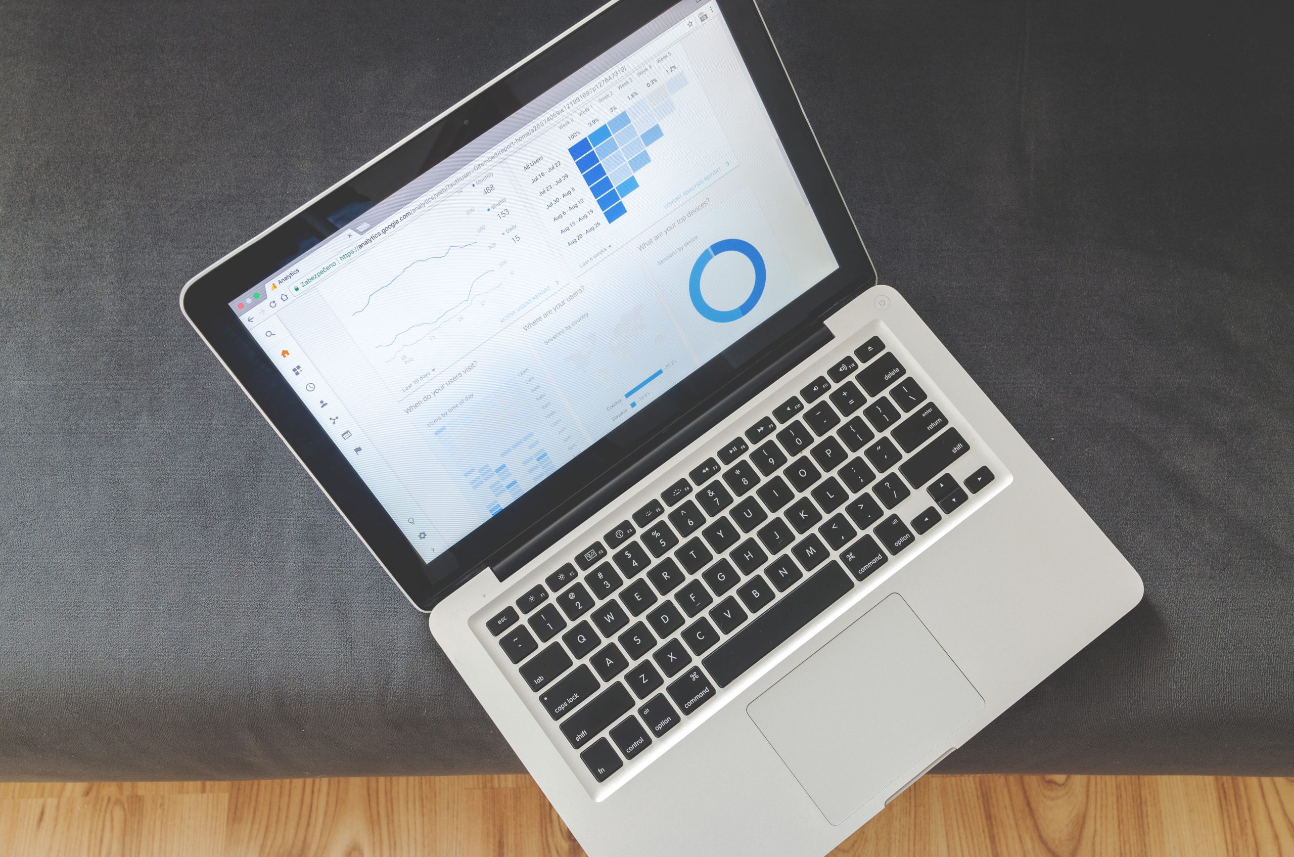 SEO ve analitik dashboard görüntüsü Dizüstü bilgisayar ekranında analitik ve performans grafikleri